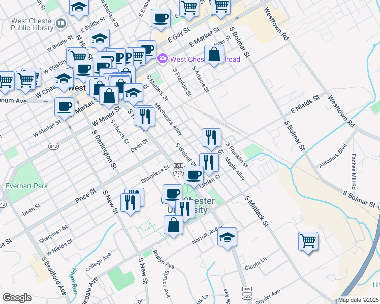 map of restaurants, bars, coffee shops, grocery stores, and more near 508 South Walnut Street in West Chester