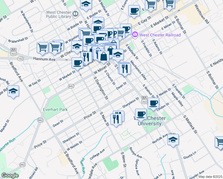 map of restaurants, bars, coffee shops, grocery stores, and more near 400 South Church Street in West Chester