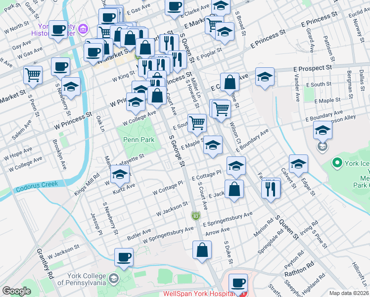 map of restaurants, bars, coffee shops, grocery stores, and more near 12 East Maple Street in York