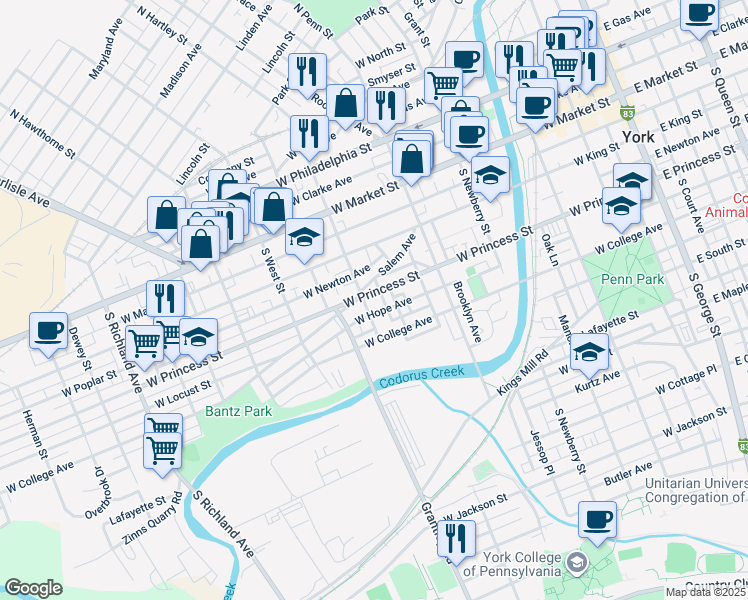 map of restaurants, bars, coffee shops, grocery stores, and more near 219 South Hartley Street in York