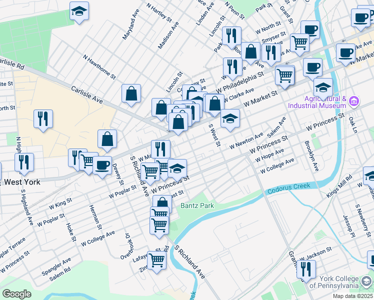 map of restaurants, bars, coffee shops, grocery stores, and more near in York