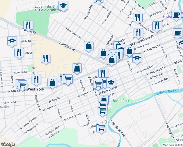 map of restaurants, bars, coffee shops, grocery stores, and more near 944 West Market Street in York