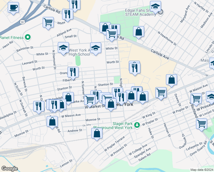 map of restaurants, bars, coffee shops, grocery stores, and more near 1497 West Philadelphia Street in West York