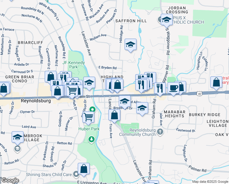 map of restaurants, bars, coffee shops, grocery stores, and more near 7360 East Main Street in Reynoldsburg