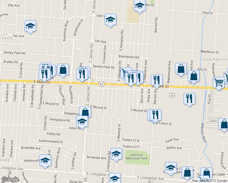 map of restaurants, bars, coffee shops, grocery stores, and more near 795 South Hampton Road in Columbus