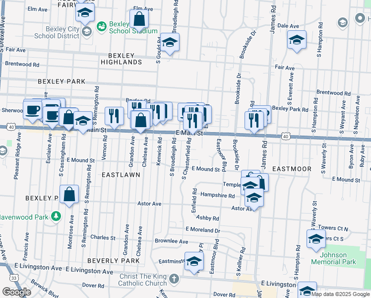 map of restaurants, bars, coffee shops, grocery stores, and more near 737 South Chesterfield Road in Columbus
