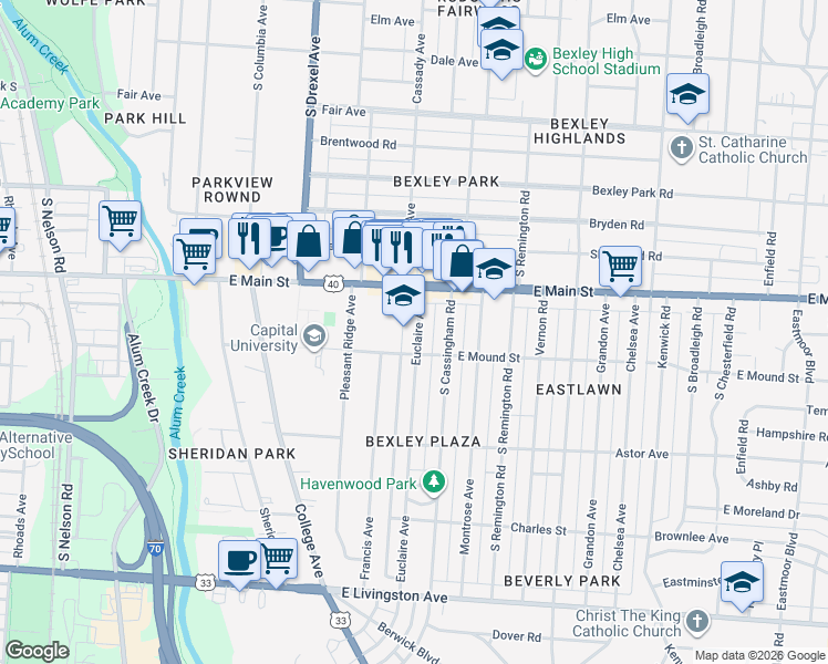 map of restaurants, bars, coffee shops, grocery stores, and more near in Bexley