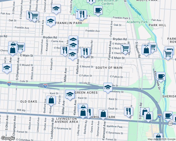 map of restaurants, bars, coffee shops, grocery stores, and more near 554 Lilley Avenue in Columbus
