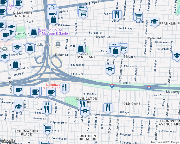 map of restaurants, bars, coffee shops, grocery stores, and more near 876 East Fulton Street in Columbus