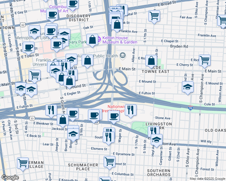 map of restaurants, bars, coffee shops, grocery stores, and more near Interstate 70 in Columbus