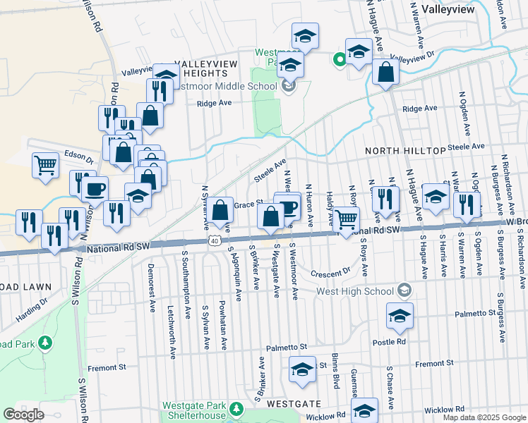 map of restaurants, bars, coffee shops, grocery stores, and more near 41 North Westgate Avenue in Columbus