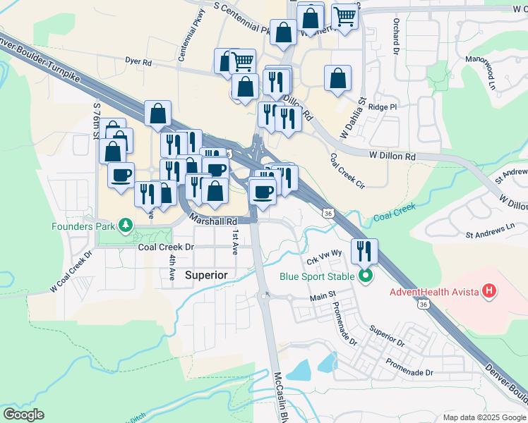 map of restaurants, bars, coffee shops, grocery stores, and more near 100 Superior Plaza Way in Superior