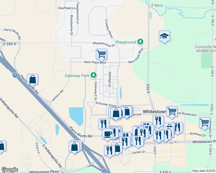 map of restaurants, bars, coffee shops, grocery stores, and more near 5948 Aldridge Drive in Whitestown