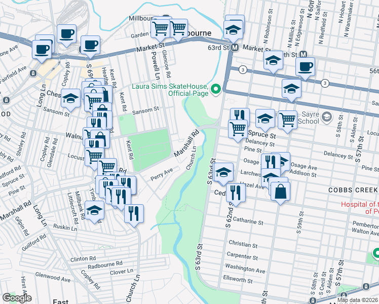 map of restaurants, bars, coffee shops, grocery stores, and more near 6605 Short Lane in Delaware County