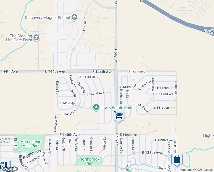 map of restaurants, bars, coffee shops, grocery stores, and more near 14253 Hudson Way in Thornton