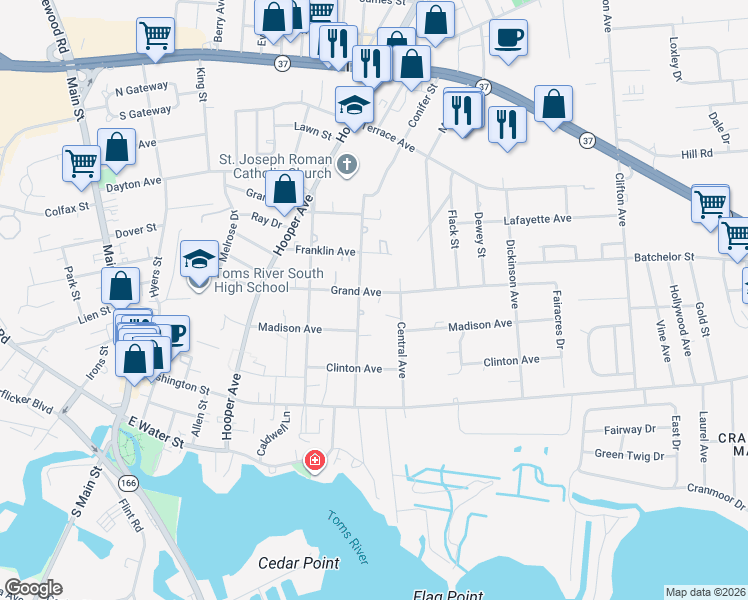 map of restaurants, bars, coffee shops, grocery stores, and more near 35 Grand Avenue in Toms River