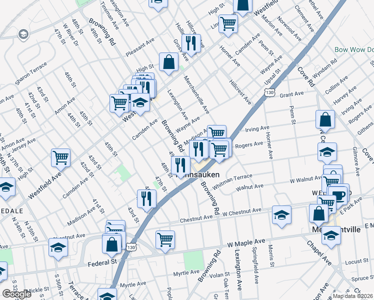 map of restaurants, bars, coffee shops, grocery stores, and more near 2422 Browning Road in Pennsauken Township