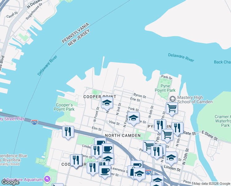 map of restaurants, bars, coffee shops, grocery stores, and more near 223 Bailey Street in Camden