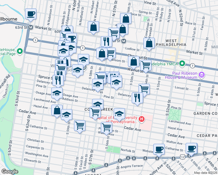 map of restaurants, bars, coffee shops, grocery stores, and more near 5634 Spruce Street in Philadelphia