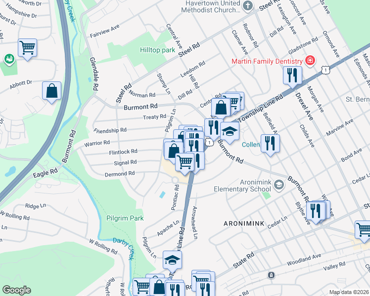 map of restaurants, bars, coffee shops, grocery stores, and more near in Delaware County