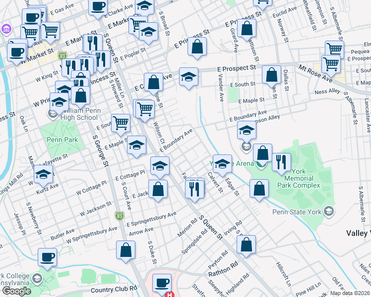 map of restaurants, bars, coffee shops, grocery stores, and more near 630 South Pine Street in York
