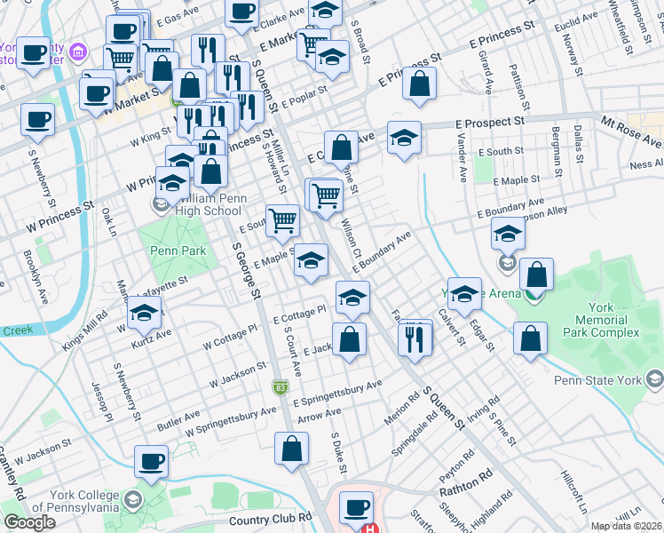map of restaurants, bars, coffee shops, grocery stores, and more near 549 McKenzie Street in York