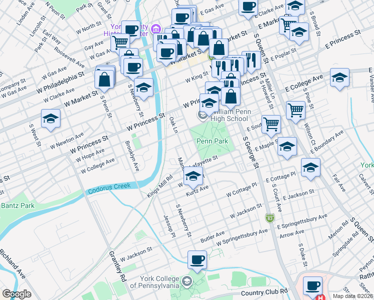 map of restaurants, bars, coffee shops, grocery stores, and more near 363 Oak Lane in York