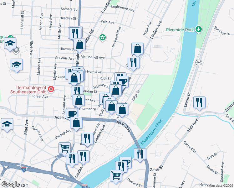map of restaurants, bars, coffee shops, grocery stores, and more near 356 Sheridan Street in Zanesville