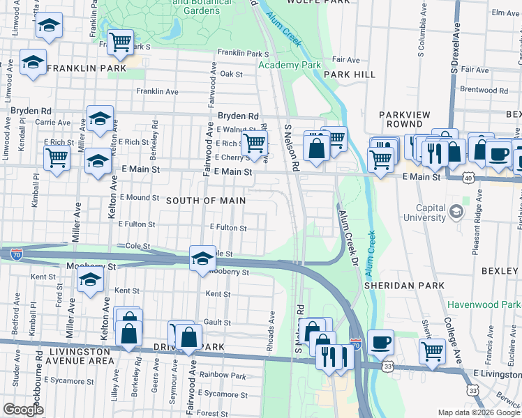 map of restaurants, bars, coffee shops, grocery stores, and more near 585 Rhoads Avenue in Columbus