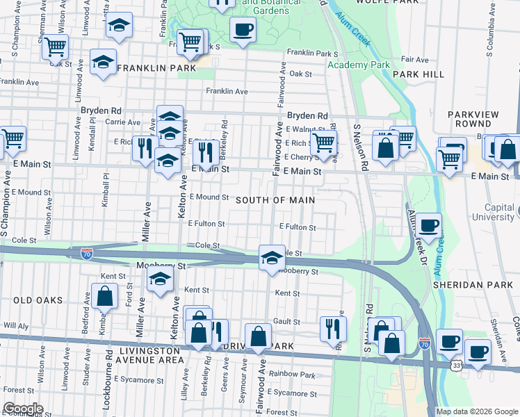 map of restaurants, bars, coffee shops, grocery stores, and more near 566 Seymour Avenue in Columbus
