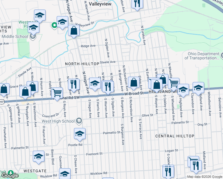 map of restaurants, bars, coffee shops, grocery stores, and more near 2655 National Road Southwest in Columbus
