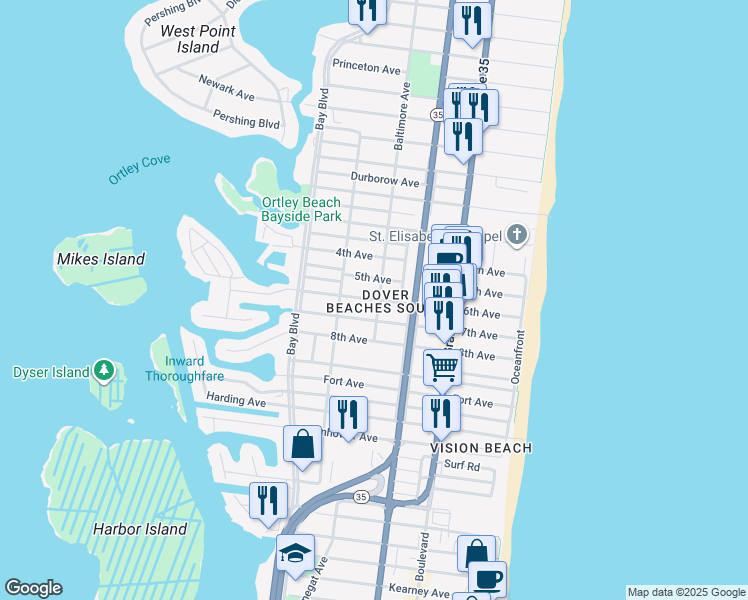 map of restaurants, bars, coffee shops, grocery stores, and more near 219 6th Ave in Seaside Heights