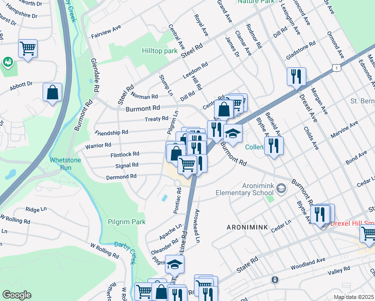 map of restaurants, bars, coffee shops, grocery stores, and more near 56 Warrior Road in Drexel Hill