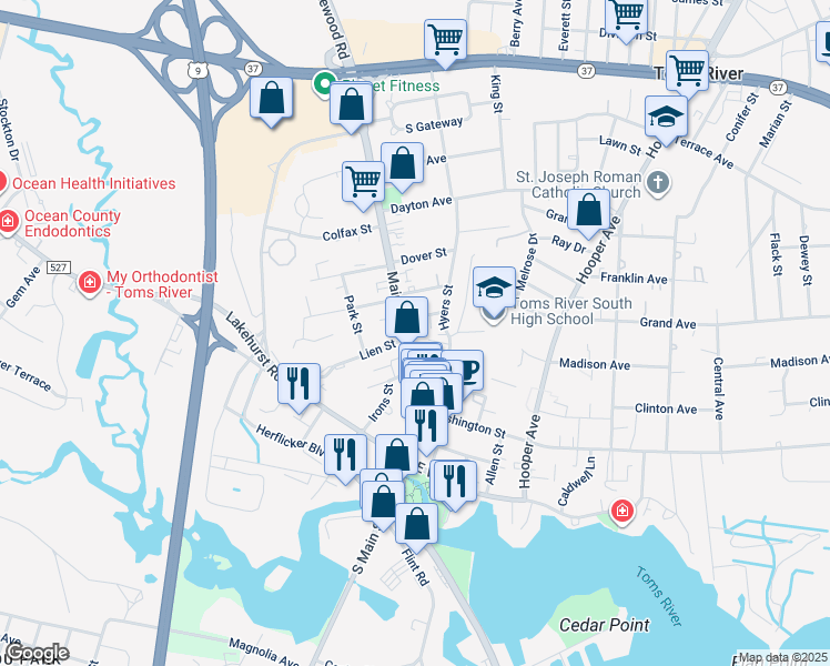 map of restaurants, bars, coffee shops, grocery stores, and more near 244 Main Street in Toms River