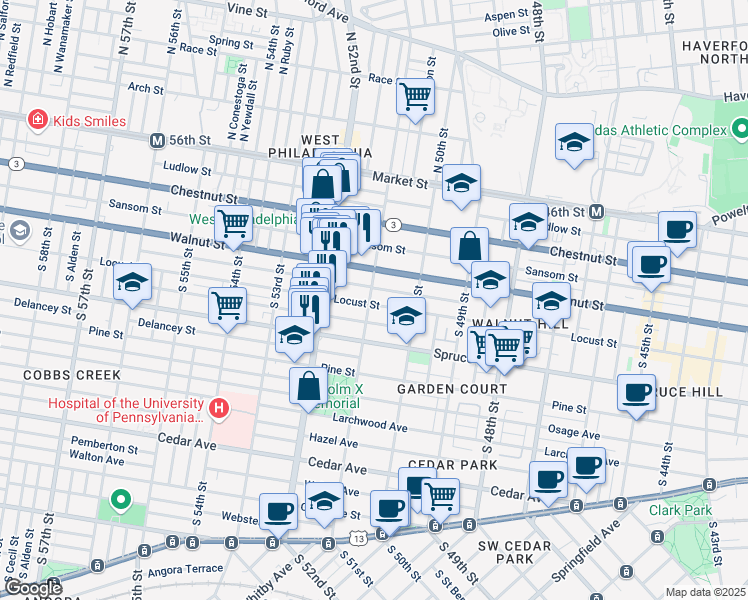 map of restaurants, bars, coffee shops, grocery stores, and more near 231 South 51st Street in Philadelphia