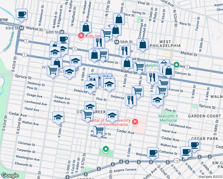 map of restaurants, bars, coffee shops, grocery stores, and more near 5559 Spruce Street in Philadelphia