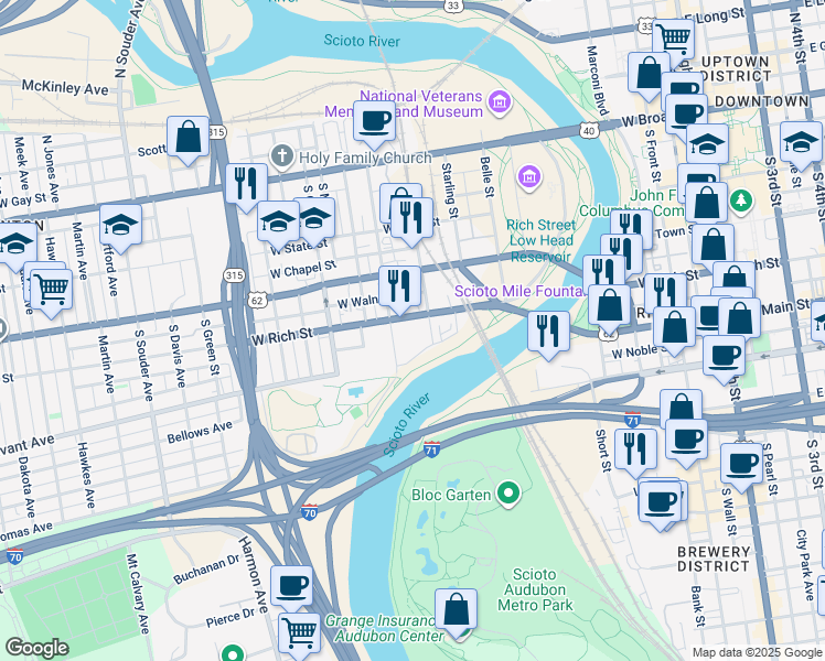 map of restaurants, bars, coffee shops, grocery stores, and more near 447 West Rich Street in Columbus