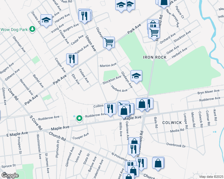 map of restaurants, bars, coffee shops, grocery stores, and more near 3727 Herbert Avenue in Pennsauken Township