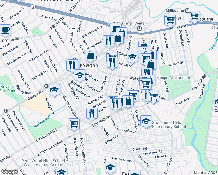 map of restaurants, bars, coffee shops, grocery stores, and more near 239 Long Lane in Upper Darby