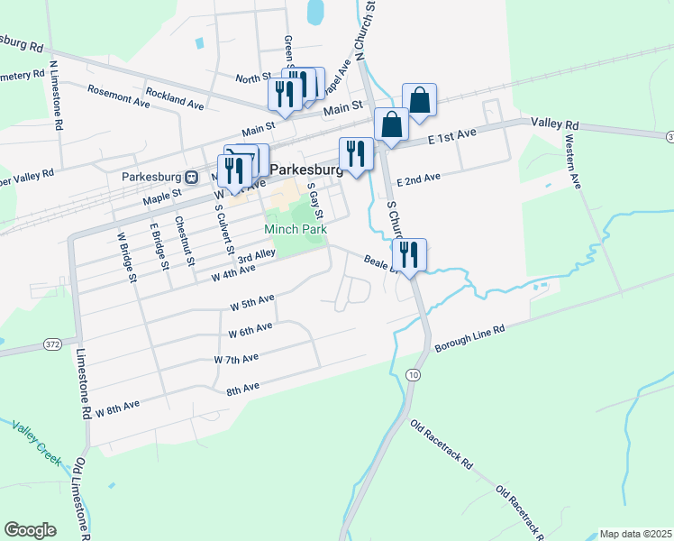 map of restaurants, bars, coffee shops, grocery stores, and more near 300 West 5th Avenue in Parkesburg