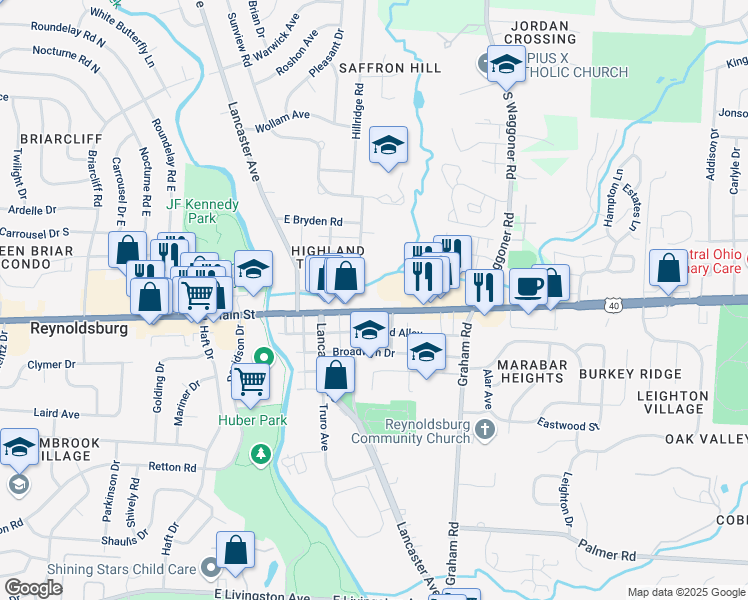 map of restaurants, bars, coffee shops, grocery stores, and more near 7418 U.S. 40 in Reynoldsburg
