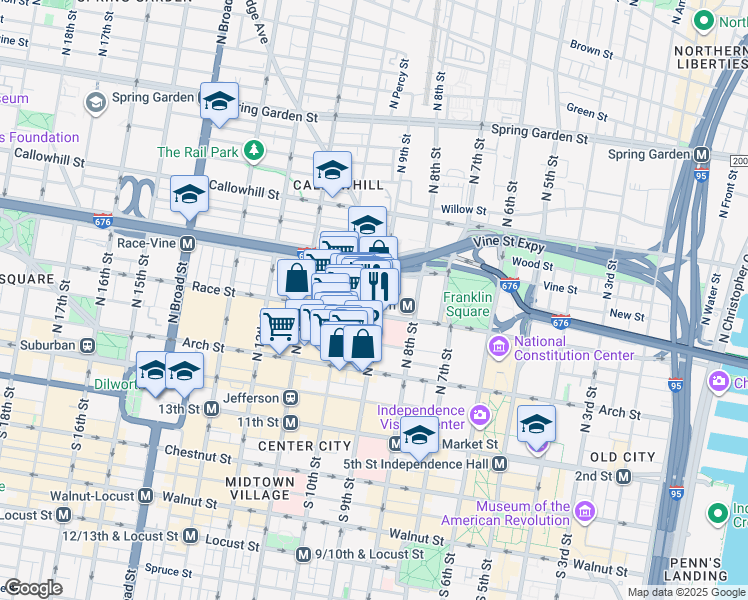 map of restaurants, bars, coffee shops, grocery stores, and more near 216 North 9th Street in Philadelphia