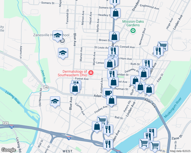 map of restaurants, bars, coffee shops, grocery stores, and more near 751 Forest Avenue in Zanesville