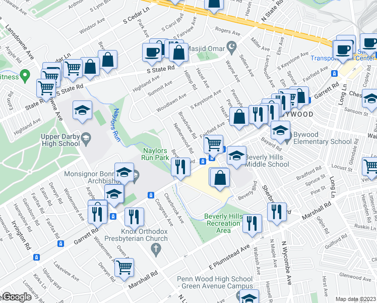 map of restaurants, bars, coffee shops, grocery stores, and more near 416 Netherwood Road in Upper Darby