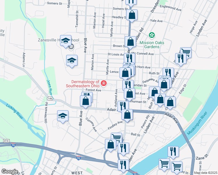 map of restaurants, bars, coffee shops, grocery stores, and more near 751 Forest Avenue in Zanesville