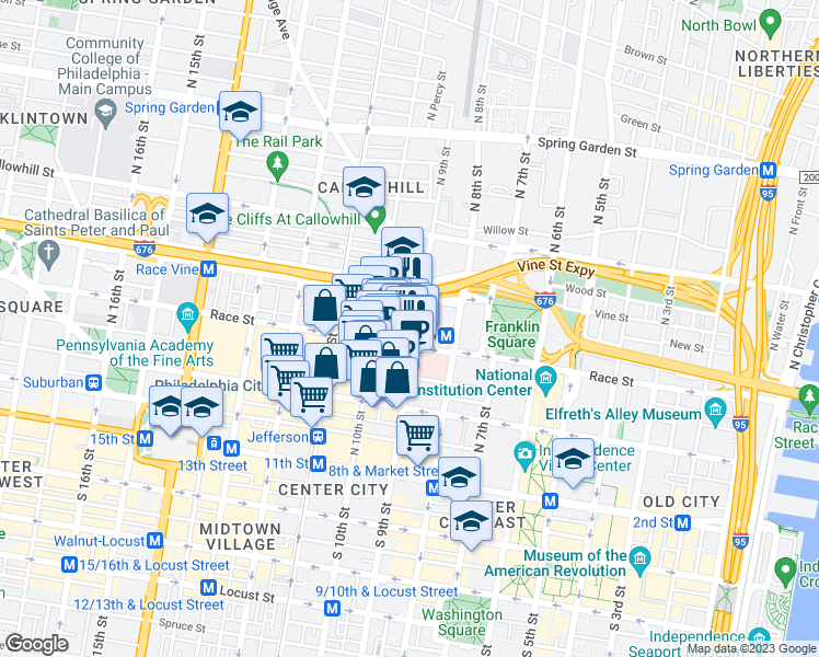 map of restaurants, bars, coffee shops, grocery stores, and more near 216 North 9th Street in Philadelphia