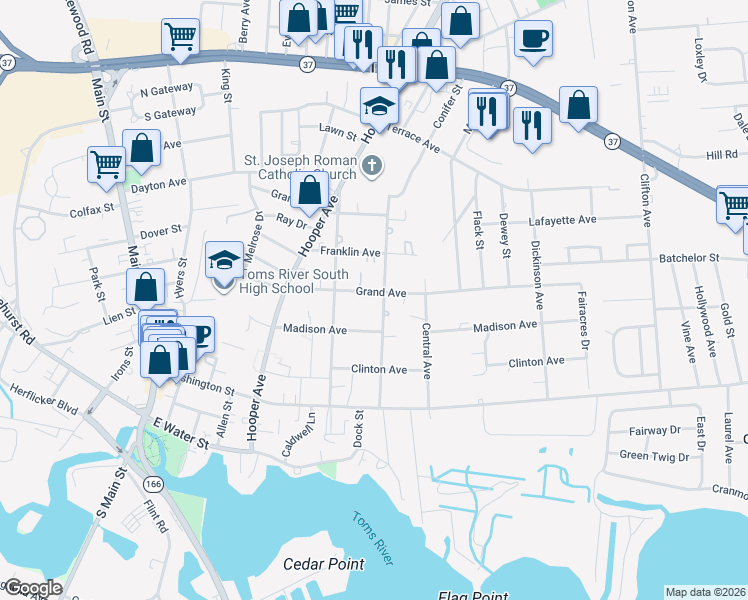 map of restaurants, bars, coffee shops, grocery stores, and more near 35 Grand Avenue in Toms River