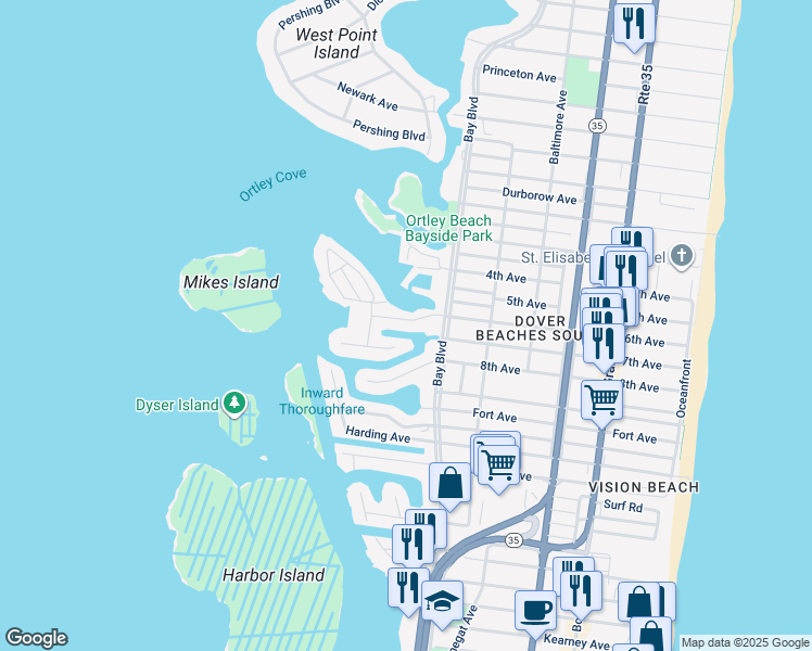 map of restaurants, bars, coffee shops, grocery stores, and more near 401 6th Avenue in Seaside Heights