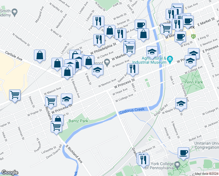 map of restaurants, bars, coffee shops, grocery stores, and more near 513 West Princess Street in York