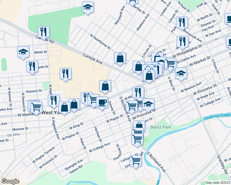 map of restaurants, bars, coffee shops, grocery stores, and more near 1001 West Market Street in York
